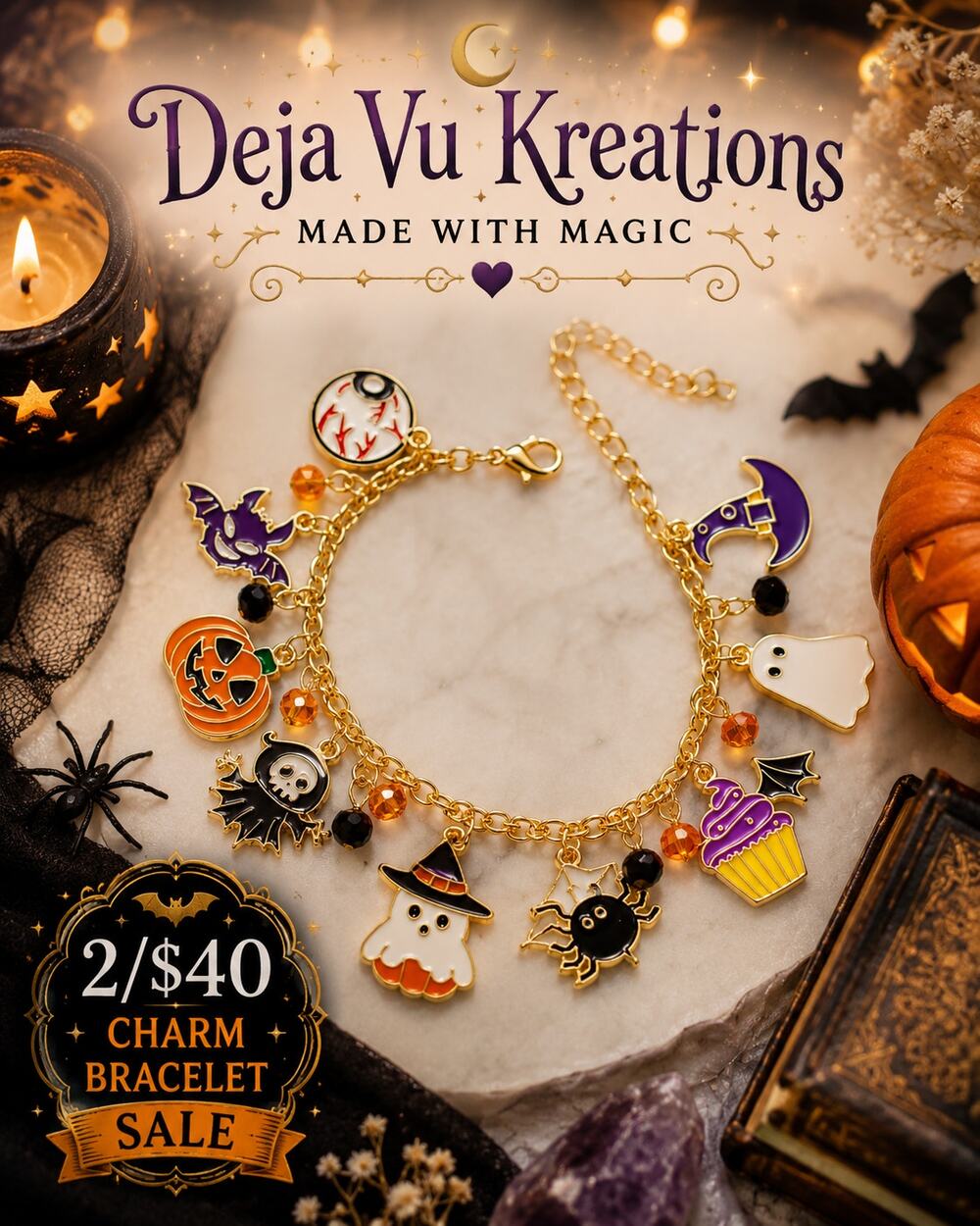 Halloween Charm Bracelet Gold Tone Zinc Alloy Enamel Crystal Beads